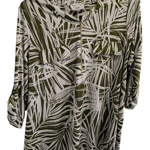 Green and White Palm Print Blouse